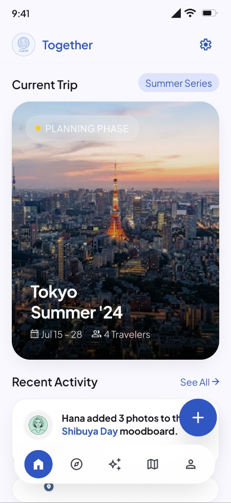 Together 首页界面，展示当前旅行与待办决策