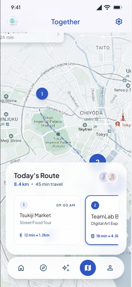 Together 地图规划界面，联动每日路线与行程节点