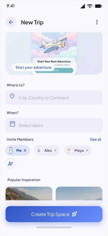 Together 创建旅行界面，包含目的地、日期与成员邀请