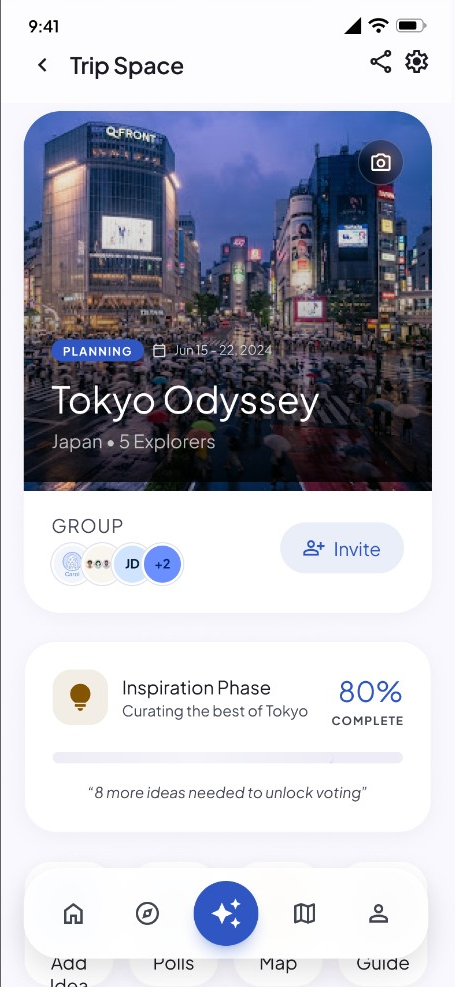 Together 旅行空间界面，展示成员、进度与最近活动